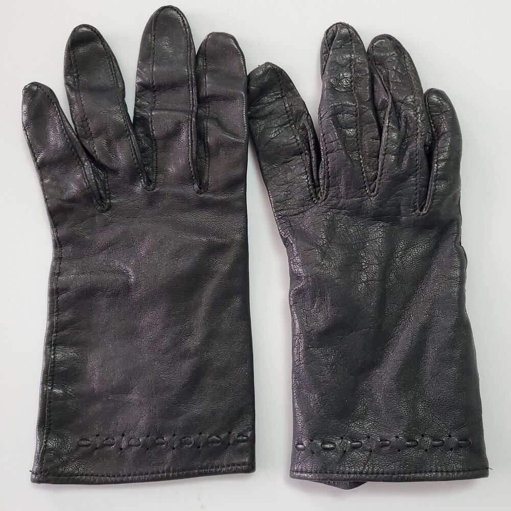 Vintage Driving Gloves Women size 6.5-7 Black Cowhide Leather Wrist length Japan